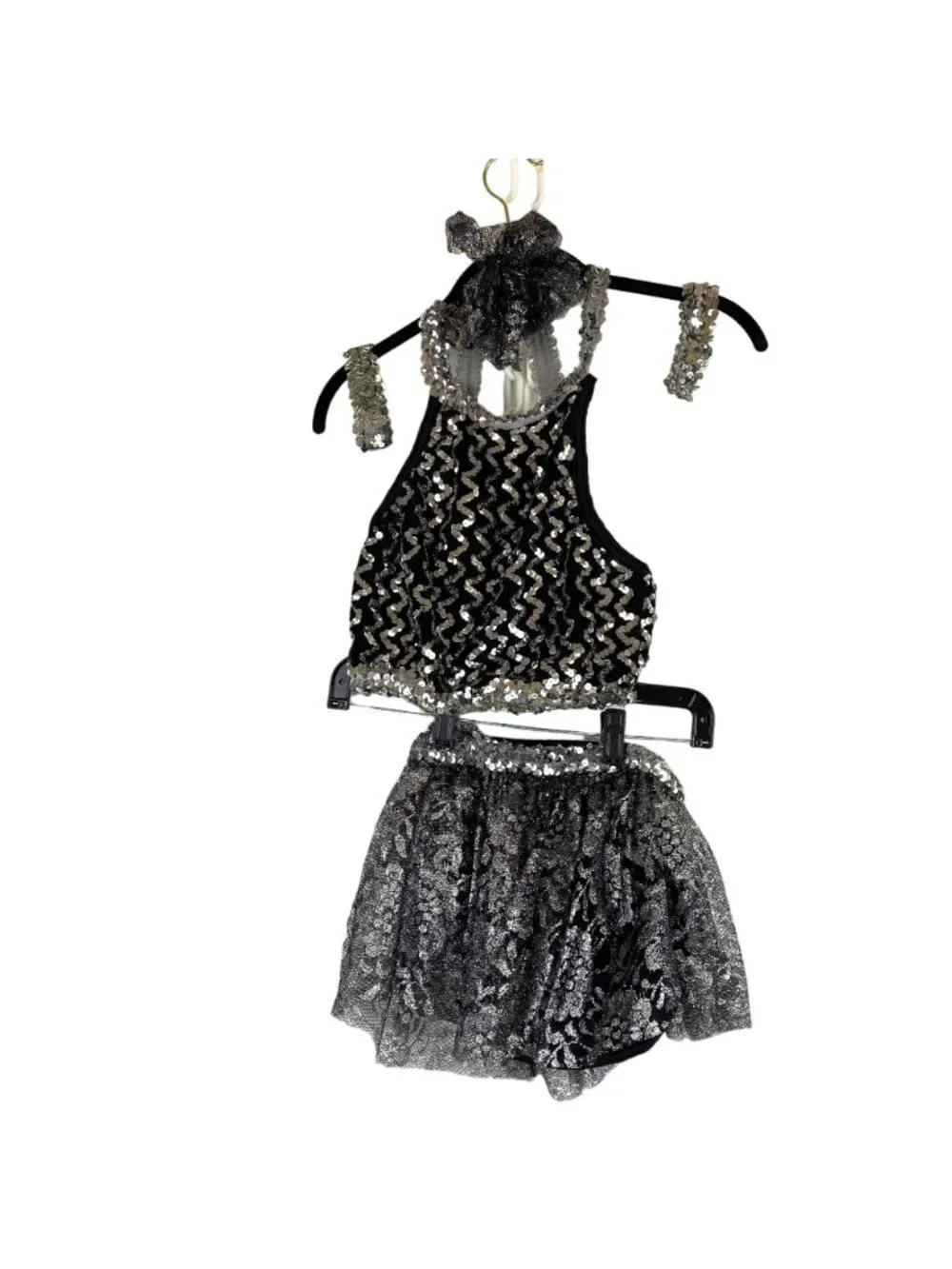 Curtain Call Girls Dance Costume Black Silver Sequin Jazz Tap Recital 3 Pc Small